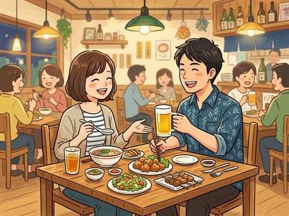 賑やかな居酒屋で、笑顔の男女が食事とビールを楽しむ。