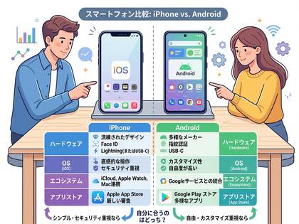 iPhoneとAndroidの比較表について男女が説明するイラスト。