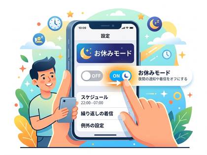 スマートフォンで「お休みモード」をONにし、夜間の通知・着信をオフに設定するイラスト。
