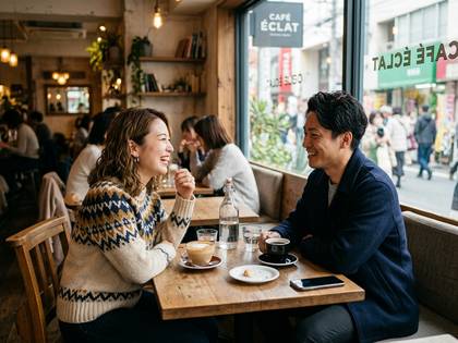 カフェで向かい合って笑顔で談笑する日本人カップル。