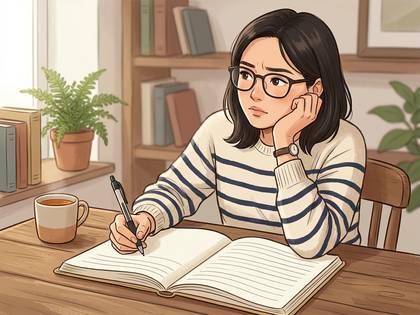 眼鏡の女性が、机で本に書き込みながら、何かを思案しているイラスト。