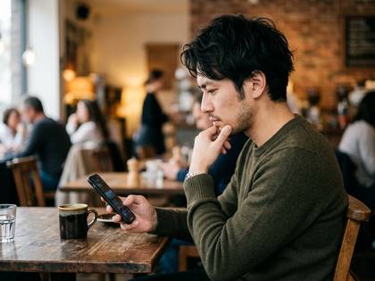 カフェでスマートフォンを見ながら物思いにふける男性。