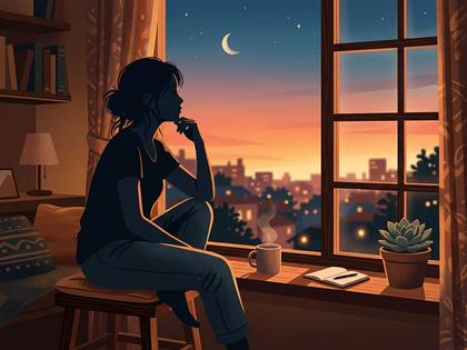 窓辺に座り、夕焼けと夜空を眺める女性のシルエット。コップとノート、植物がある。