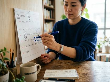 2024年6月のカレンダーに予定を書き込む女性。