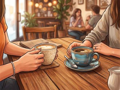 カフェでコーヒーを飲む2人の女性の手元。リラックスした雰囲気。