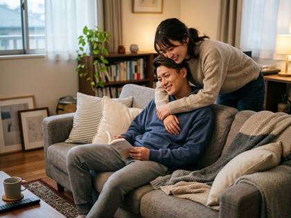ソファで本を読む男性に、女性が笑顔で抱きつくカップル。