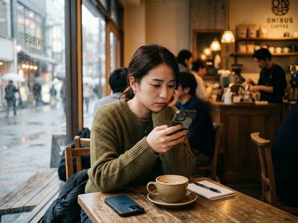カフェでスマホを見る女性。雨降る街並みとコーヒーカップ。
