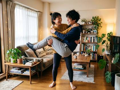 リビングで男性が女性を抱き上げ、笑顔を見せるカップル。