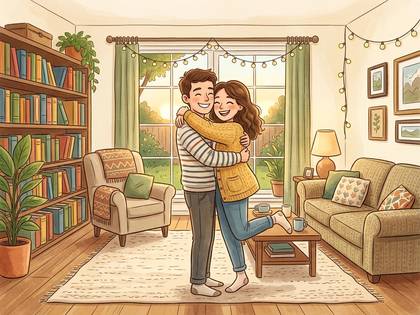 夕暮れ時の明るいリビングで、笑顔で抱き合う若いカップルのイラスト。