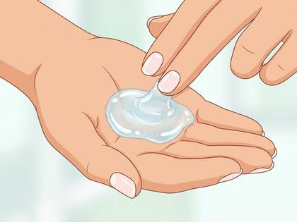手のひらに透明なジェルを乗せ、指でなじませる様子。