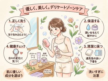 デリケートゾーンケアの正しい方法を解説する女性のイラスト。