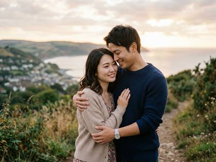 海と街並みを背景に、笑顔で抱き合うアジア人カップル。