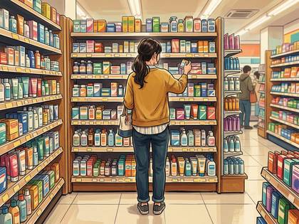 店内の通路で、女性が棚の商品を選んでいる様子。