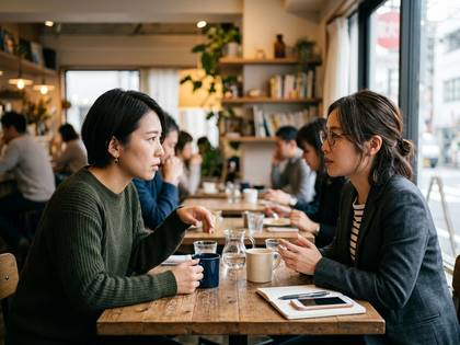 カフェで向かい合って会話する二人の女性。