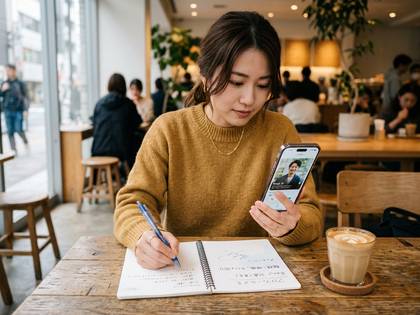 カフェでノートに書き込みながらスマホを見る女性。