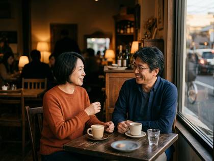 窓際のカフェで談笑する中高年の男女。