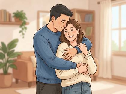 室内で男性が女性を後ろから優しく抱きしめるカップルのイラスト。