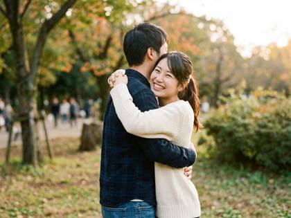 公園で抱き合うカップル。女性の幸せそうな笑顔。
