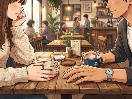 カフェで向かい合う男女。コーヒーを飲みながら会話を楽しむ様子。