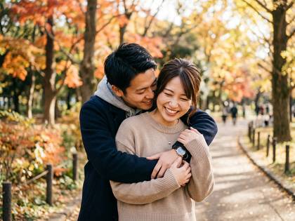 紅葉の公園で笑顔で抱き合うカップル。