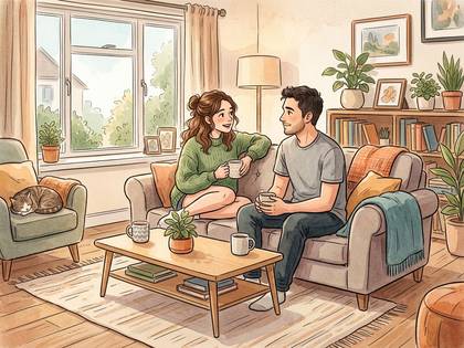 リビングのソファで、マグカップを片手に会話する男女と猫。
