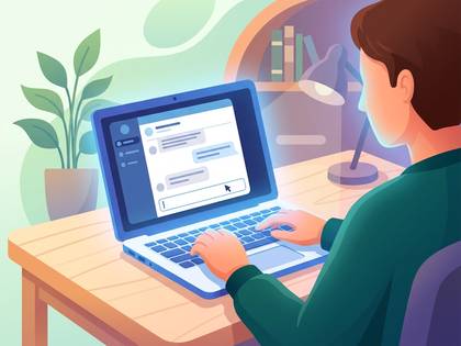 ラップトップでチャット画面を操作する男性のイラスト。