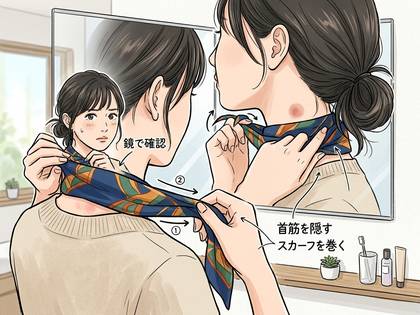 女性が首の跡を隠すようにスカーフを巻く様子。