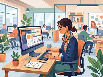 現代的なオフィスでパソコン作業をする人々。手前の女性がPCを操作中。