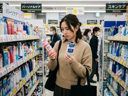 ドラッグストアで若い女性が2本の化粧品ボトルを見比べ悩んでいる。