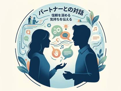 パートナーとの対話で信頼を深め、気持ちを伝える男女のイラスト。