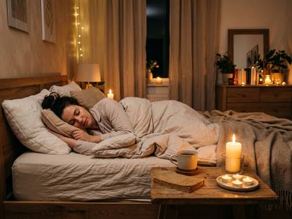 夜の寝室で温かい光に包まれ安らかに眠る女性。