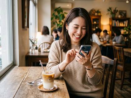 カフェでアイスコーヒーを飲みながらスマートフォンを笑顔で操作する女性。