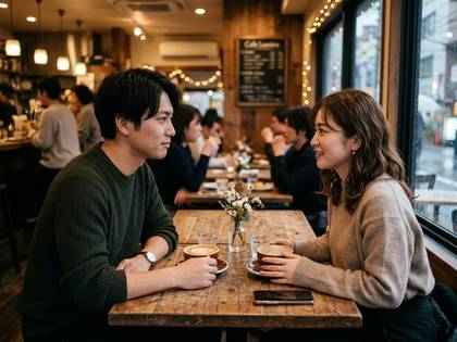 カフェでコーヒーを飲みながら談笑するアジア人男女。