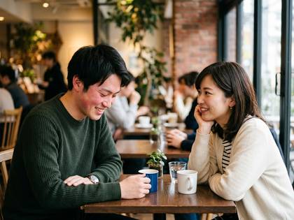 明るいカフェで向かい合う笑顔の男女。
