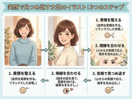 女性が自然な笑顔を作り、視線を合わせ、見つめ返す3ステップを解説。