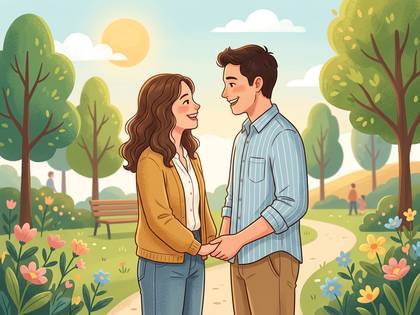 公園で手をつなぎ、笑顔で見つめ合う男女のイラスト。