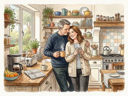 仲睦まじい夫婦が、明るいキッチンでコーヒータイムを楽しむ。