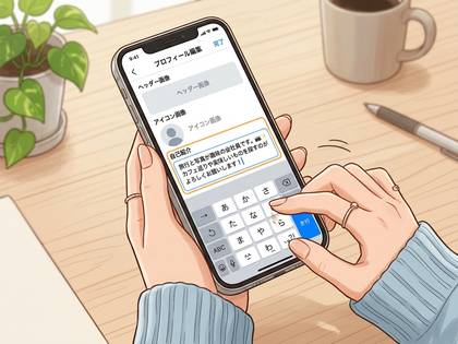 スマートフォンでプロフィール画面の自己紹介文を編集する手元。