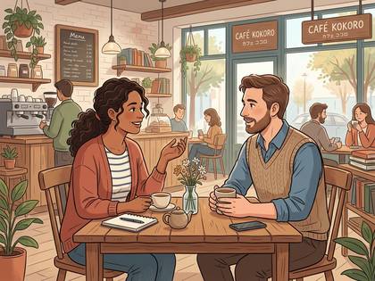 居心地の良いカフェで、笑顔の男女が会話を楽しんでいるイラスト。