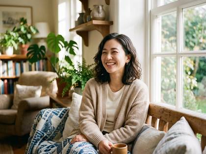 明るい部屋の窓辺で、笑顔を見せてくつろぐ女性。