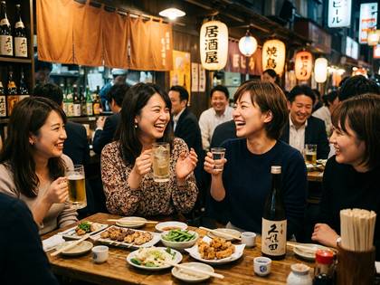 日本の居酒屋で食事や会話を楽しむ笑顔の友人たち。