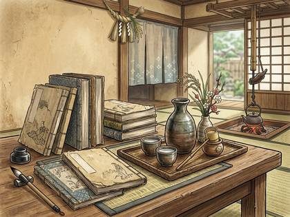 和室の机に古書、筆、酒器、花瓶。奥に囲炉裏と庭。