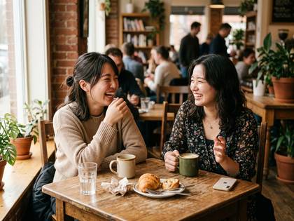 カフェで笑い合う二人の女性。