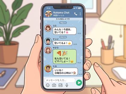 スマートフォンで友人とのチャット画面を操作する手のイラスト。