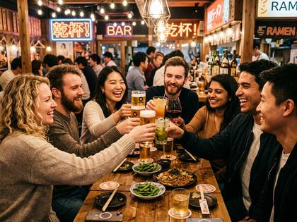 賑やかな居酒屋で、友人たちが笑顔で乾杯する様子。