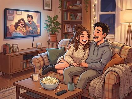温かいリビングで、ソファに寄り添い笑顔でくつろぐカップル。