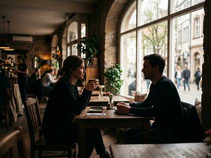 カフェの窓際で向かい合って会話する男女。