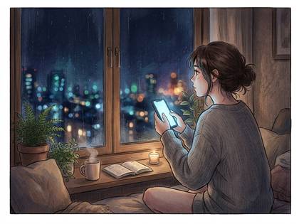 雨の夜、窓辺でスマートフォンを手に街の夜景を眺める女性。