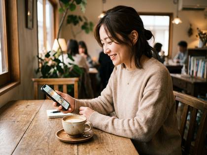 カフェでスマホを見ながら微笑む女性。