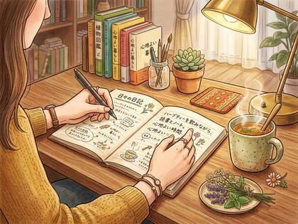 女性が温かい飲み物を傍らに、机で日記を書く穏やかなひととき。